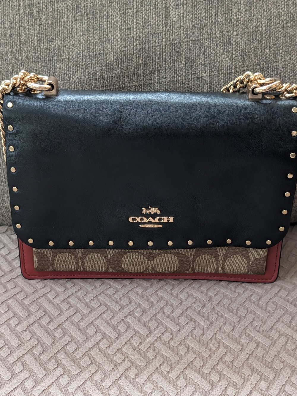 COACH Black Leather & Signature Canvas Shoulder Bag with Red Trim
